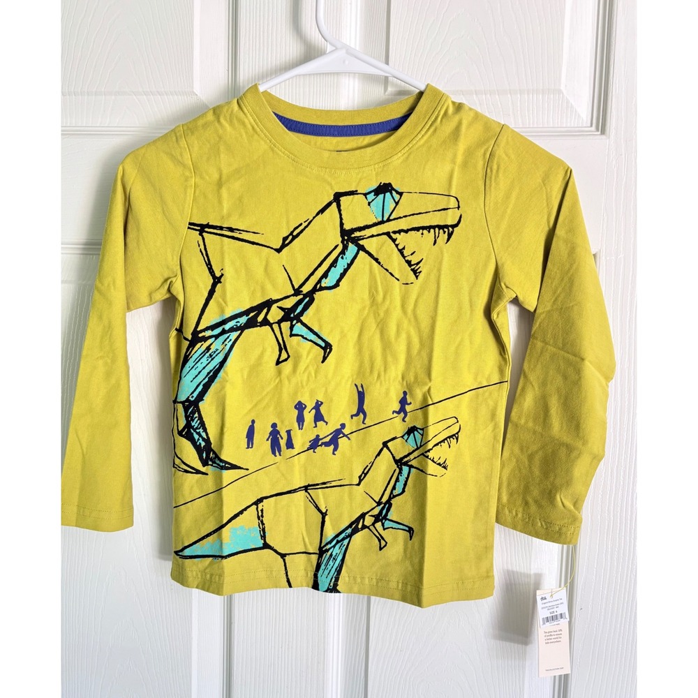 NEW Tea Collection Graphic Tee Sz 6 Bamboo Green Origami Dinos Long Sleeve Shirt